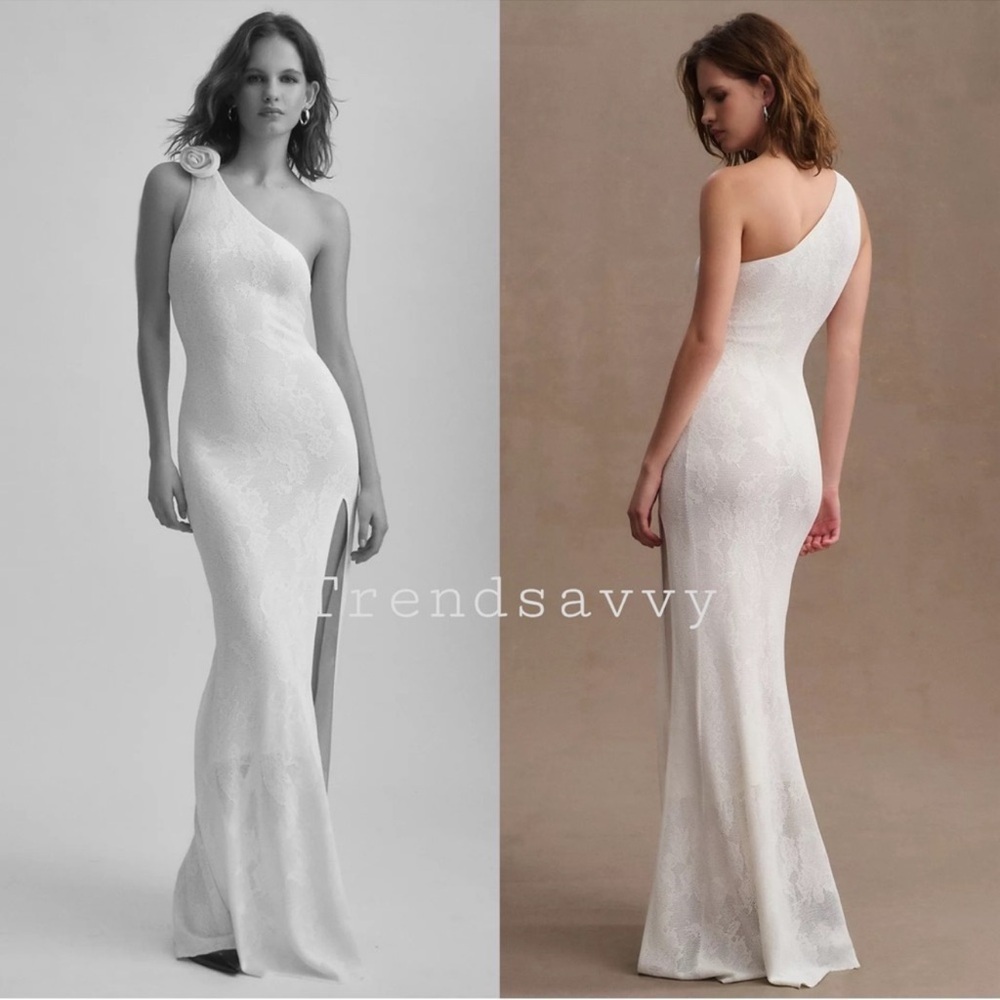 BHLDN Ronny Kobo Owena Ivory One Shoulder Wedding Dress Maxi Side Slit Large